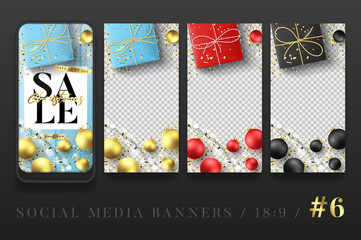 Naklejka premium Promo social media banners. Elegant sale and discount rectangle banners for mobile apps. Promo template with realistic gift boxes, Christmas balls and light garlands. Vector illustration.