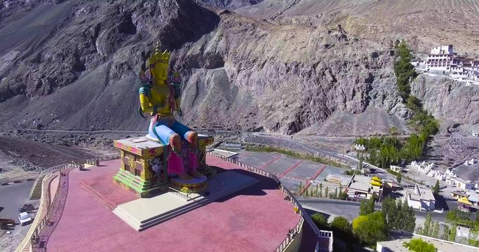 Maitreya Buddha in Diskit Monastery.//Drone shot