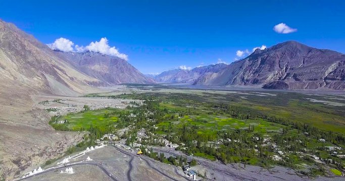 Aerial view of Nubra valley from Diskit Monastery.//Drone Shot