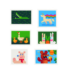 Vintage postmark template pixel art icon, crocodile, unicorn with a rainbow mane, duck with ducklings, hares, bear. Design for logo, sticker and mobile app. Isolated vector illustration. 