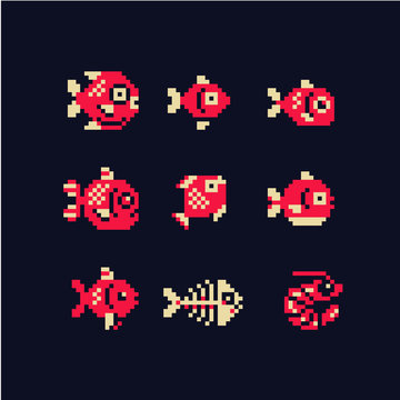 Fish Pixel Art Icons Set, Design For Logo, Sticker, Web, Logo Shop, Mobile App, Fish Skeleton, Isolated Vector Illustration On Black Background. Game Assets 8-bit Sprite.