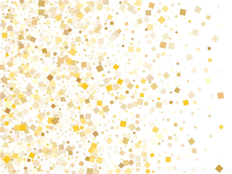 Metalic gold confetti sequins tinsels scatter on white. Rich Christmas vector sequins background. Gold foil confetti party elements isolated. Overlay particles invitation backdrop.