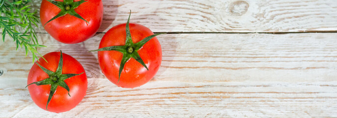 Harvest. Red tomatoes with a green stem. Space for your text.