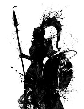 The blotchy silhouette of a knight with a shield in a helmet with a tail, and with a spear, stands in profile . 2D illustration.