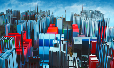 Abstract fractal colorful red and blue city with blue sky and cloud. Modern future city, 3D rendering