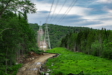 Electricity pylons in natural landscape. Overhead electricity lines are seen in a rural lush green...