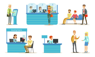 Banking Service Set, Bank Managers and Clients, People Standing at the Bank Office and Making Financial Operations Vector Illustration