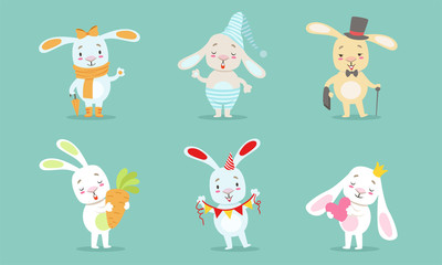 Cute Little Bunnies Characters Set, Adorable Happy Rabbits in Different Situations Vector Illustration