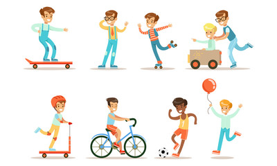 Fototapeta premium Teenage Boy Outdoor Activities Set, Boy Doing Sports, Riding Bicycle, Kick Scooter, Skateboard Rollerblading, Playing Soccer Vector Illustration