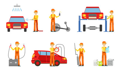 Fototapeta na wymiar Car Service Set, Male Auto Mechanics in Uniform Repairing, Washing Cars and Testing Vehicles Vector Illustration