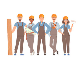 Team of builders in gray overalls and blue T-shirts. Vector illustration.