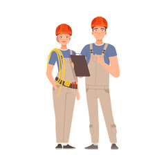 Builders man and woman in gray overalls. Vector illustration.