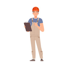 Male builder in a tablet in his hands. Vector illustration.