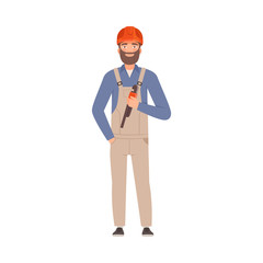 Bearded repairman in gray overalls. Vector illustration.