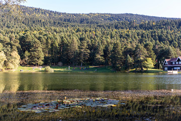 Bolu, Turkey, 29 September 2019: Goynuk, which is a historic district in the Bolu, Turkey. Lake, forest and house.