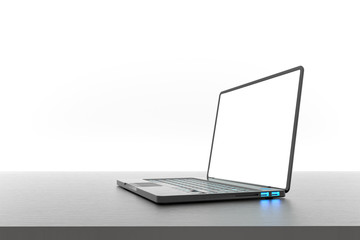 Isolated laptop on a clean table with space on a white background. Realistic 3D rendering with clipping path.
