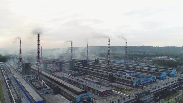 Novokuznetsk, aluminum smelter, aerial view. Plant, factory, environmental pollution.