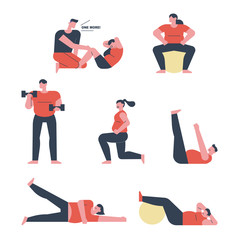 Fat people are doing weight training. flat design style minimal vector illustration.