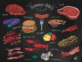 beautiful illustration summer bbq food, ribs, sausage, beef, steak, eggplant, burger, bacon,  - 293728317