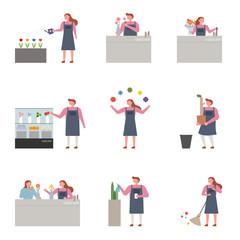 Fototapeta premium Collection set of employees working at flower shop. flat design style minimal vector illustration.