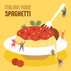 Small people are eating huge Italian spaghetti. flat design style minimal vector illustration.