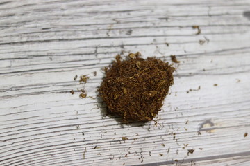 Shredded tobacco for cigarette rolls. Close up on a light blurry background. The culture of smoking. Free space for text.