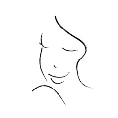 Vector sketch style outline of a young smiling woman with closed eyes and a wavy strand of hair. Design element for beauty industry.