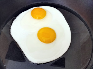 Fried eggs in a frying pan. Concept for the benefits of eggs and healthy food. 