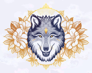 Portrait of a wolf on a background of mountain landscape.Dreamy magic art. Night, nature, wicca symbol. Isolated vector illustration. Great outdoors, tattoo and t-shirt design.