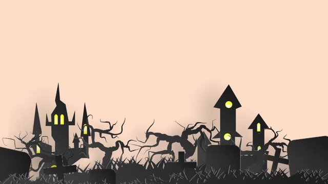 VDO Vector paper cut background.Illustration of bonfire art with decorations in Halloween,Happy Halloween colorful animation background. Castle with scary moving trees at graveyard and flying bats at