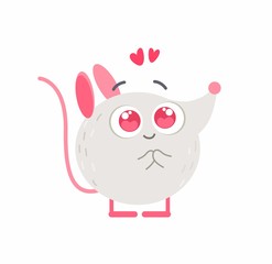 Cute little mouse in love flat vector illustration. Adorable 2020 new year mascot with big eyes. Small charmed, fascinated animal isolated on white background. Romantic rat kawaii cartoon sticker