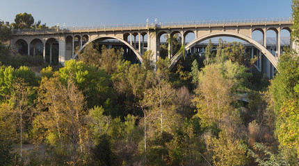 View of the Arroyo Seco and the Colorado Street Bridge in Pasadena, California.