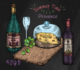 hand drawing illustration of chopping cheese board with grapes, wine, champagne. Provence, summer time. - 293734334