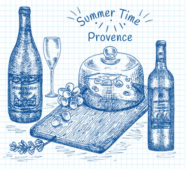 hand drawing illustration of chopping cheese board with grapes, wine, champagne. Provence, summer time. - 293734375