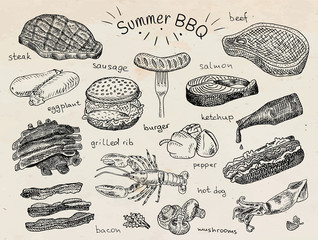 beautiful illustration summer bbq food, ribs, sausage, beef, steak, eggplant, burger, bacon,  - 293734510
