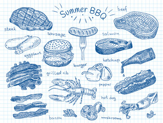 beautiful illustration summer bbq food, ribs, sausage, beef, steak, eggplant, burger, bacon,  - 293734520