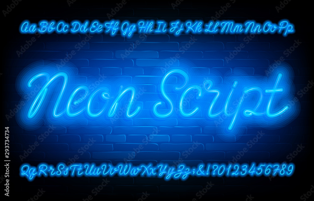 Fototapete neon script alphabet font. blue neon light uppercase and lowercase letters and numbers on brick wall