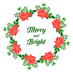 Card merry and bright with decoration of modern orange flower frame. Vector
