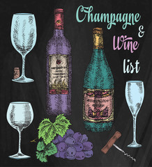Hand drawing illustration, red wine, champagne, grapes. Provence, summer time on the chalkboard background - 293734703