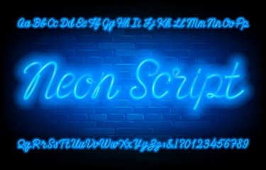 Neon Script alphabet font. Blue neon light uppercase and lowercase letters and numbers on brick wall background. Stock vector typescript for your typography design.