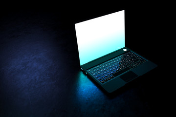 Laptop on a clean table with space on a dark background. Realistic 3D rendering with clipping path.