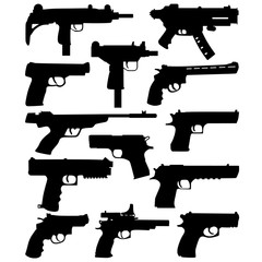 Set Hand Weapons Silhouettes. Pistol gun icons vector silhouettes. Small firearm, police or military handgun. Vector illustration.