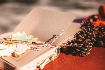 Naklejka na ściany i meble A book with dry leaves and pine cones on the wooden table
