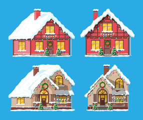 Suburban house covered snow. Building in holiday ornament. Christmas tree spruce, wreath. Happy new year decoration. Merry christmas holiday. New year and xmas celebration. Vector illustration
