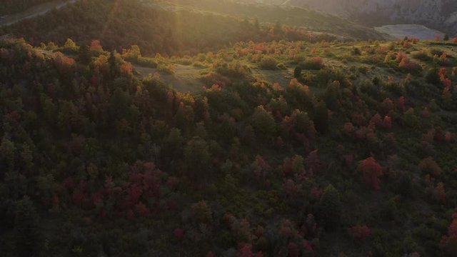 Aerial shot over hills of trees going through fall color change at sunset.