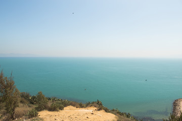 Sidi Bou Said, Tunisia -September 25, 2019: Beautiful view of the waterfront in Sidi Bou Said