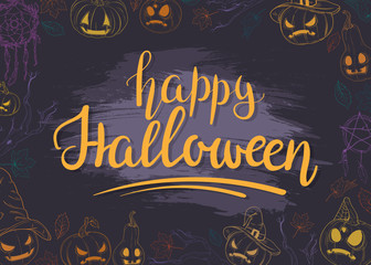 Happy Halloween. Card with the outline of pumpkins, leaves and dream catchers