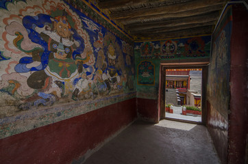 Walls inside Thiksey Monastery at Leh,Ladakh,India