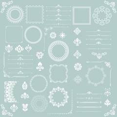 Vintage set of vector horizontal, square and round elements. Different elements for backgrounds, frames and monograms. Classic patterns. Set of vintage white patterns