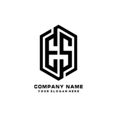 ES initials business abstract logo in the shape of a hexagon,.with a thick line connected around the letters